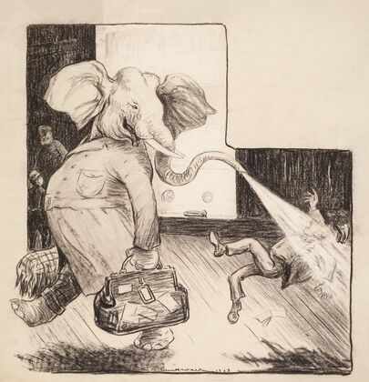The Republican Party elephant blasts a man walking behind him with water from his trunk (1904)