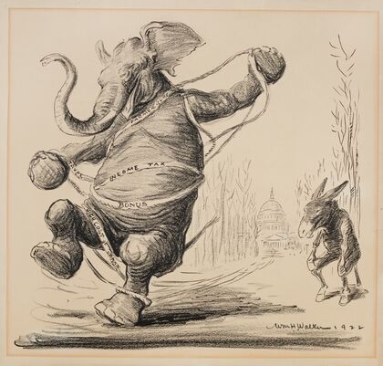 The Republican Party elephant is tangled in ropes representing the farmer bloc, taxes, income tax, bonus, and the high cost of labor (1922)