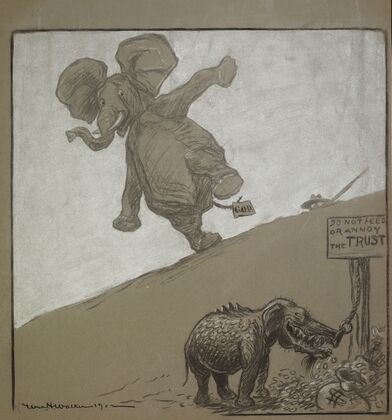The Republican Party elephant reacts in fear to a part reptile, part elephant creature (1902)