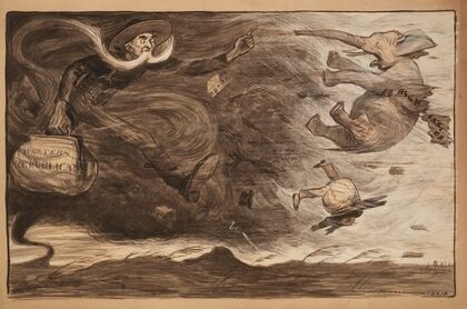 The Republican Party elephant with a banner reading ‘high tariff’ and a man representing eastern Republicans are blown away by a tornado (1903)