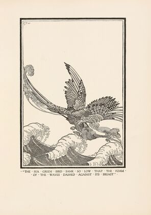 The sea green bird sank so low that the foam of the waves dashed against its breast