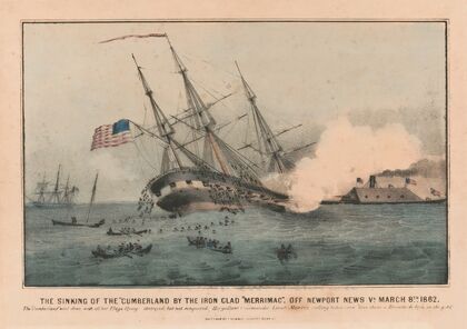 The sinking of the ‘Cumberland’ by the iron clad ‘Merrimac’, off Newport News Va. March 8th 1862 (1862)