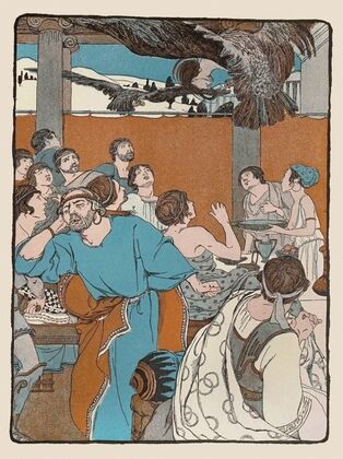 The snatched the meat from off the table, and flew shrieking out above the roofs
