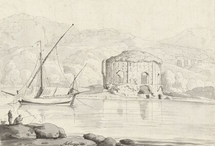 The so-called Temple of Venus at Baiae, with a boat and two fishermen in the foreground