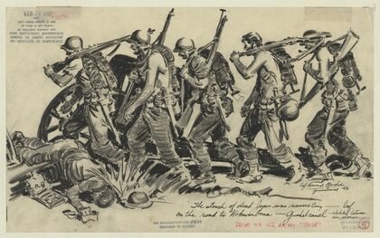 The stench of dead Japs[anese] was nauseating – Inf. on the road to Kokumbona – Guadalcanal – sketched between air alarms