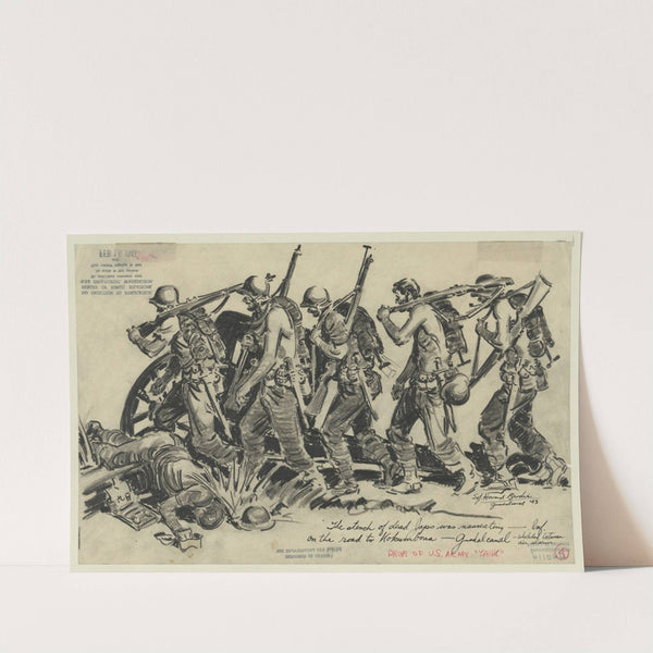 The stench of dead Japs[anese] was nauseating &#8211; Inf. on the road to Kokumbona &#8211; Guadalcanal &#8211; sketched between air alarms (1943) by Howard Brodie