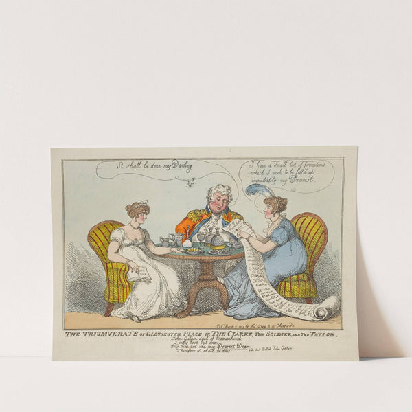 The Triumverate of Gloucester Place, or the Clarke, the Soldier, and the Taylor (1809) by Thomas Rowlandson