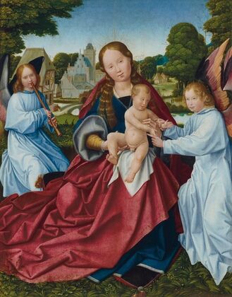 The Virgin and Child with angels in a landscape, a village beyond
