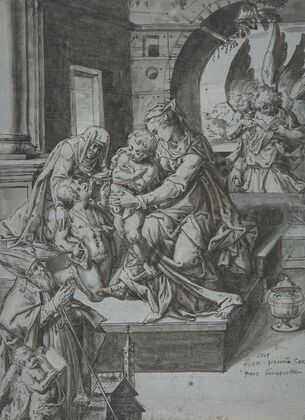 The Virgin and Child with the Infant Baptist, Saint Elizabeth, a Kneeling Prelate, and Three Attendant Angels