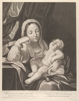 The Virgin seated with her head resting on her right hand, holding the sleeping infant Christ on her lap, after Reni — size preview