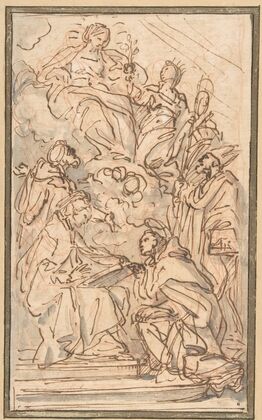 The Virgin with Female Attendant Appearing to Four Male Saints