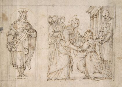The Visitation of the Virgin to Saint Elizabeth; King Solomon in a Niche at Left.