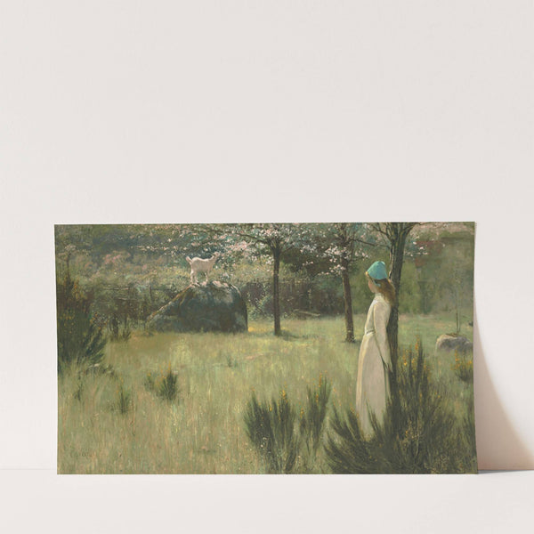The young shepherdess and her goat in a springtime pasture by Edwin Sherwood Calvert