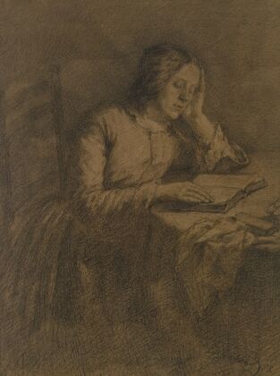 Thekla Eissenhardt, die Schwester Angilbert Göbels und Frau des Kupferstechers Johannes Kaspar Eissenhardt, am Tische lesend