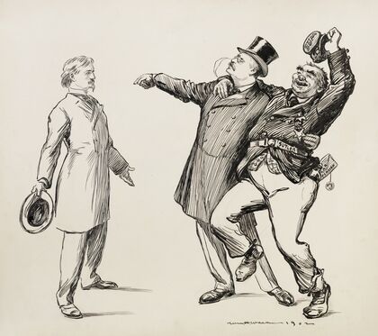Theodore Roosevelt arm-in-arm with a man that has ‘Bum’ written on his hat (1902)