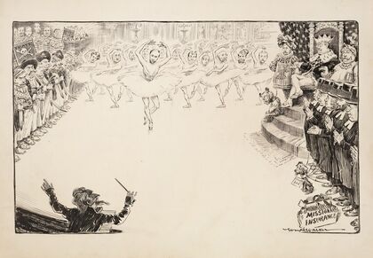 Theodore Roosevelt as a king, watching a ballet performance by a group of men in women’s costumes (1905)
