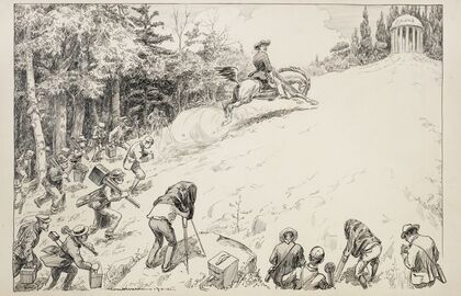 Theodore Roosevelt charges up a hill towards a building representing fame with a group of photographers following him instead of an army. (1902)