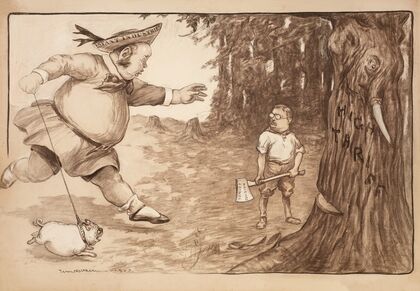 Theodore Roosevelt chops down a tree representing high tariffs with an ax representing tariff reform (1903)