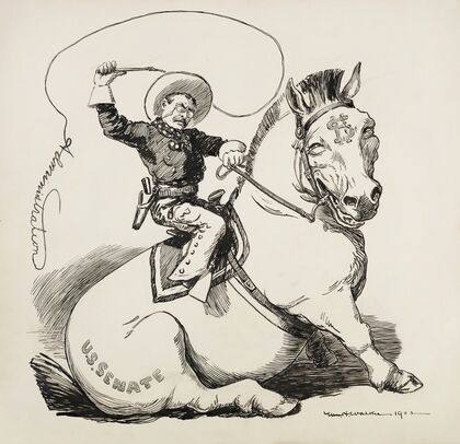 Theodore Roosevelt, depicted as a cowboy, tries to ride a horse representing the Senate but it sits down. (1902) — size preview