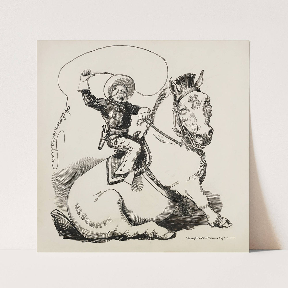 Theodore Roosevelt, depicted as a cowboy, tries to ride a horse representing the Senate but it sits down. (1902) by William Henry Walker