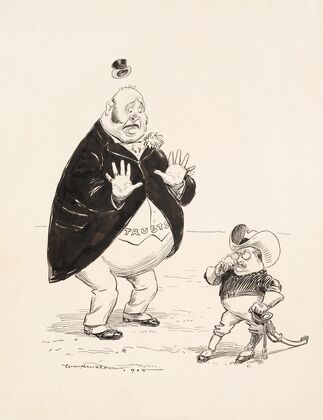 Theodore Roosevelt, dressed as a cowboy and carrying a sword, threatens a much larger, scared man representing the Trusts. (1905)