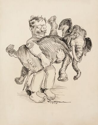 Theodore Roosevelt holding the Republican Party elephant. Both are laughing. (1904)