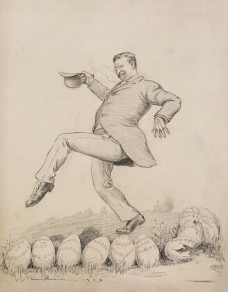 Theodore Roosevelt stepping lightly over eggs that represent potential problems (1903)