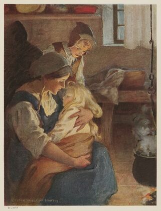 There sat his mother by the fire, and in her arms lay the prmcess fast asleep