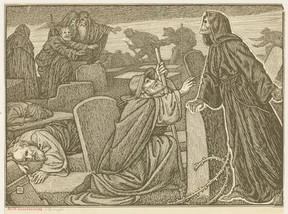 They perceived several men walking up and down among the tombs that were there.