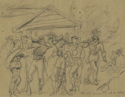 Thirsty men at a well