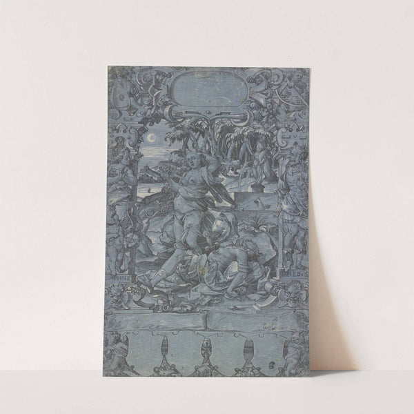 Thisbe an der Leiche des Pyramus, in der Rahmung links Daphne mit dem Amorknaben, rechts Apollo, vom Pfeile Amors getroffen, oben und unten Putten by Christoph Murer