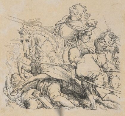 Thomas Gray, Poetical Works [Knight riding over the bodies of fallen foes]. — size preview
