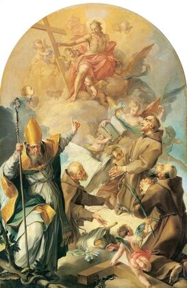 Three Capuchin Saints and a Bishop Worshipping Christ and the Cross (1630)
