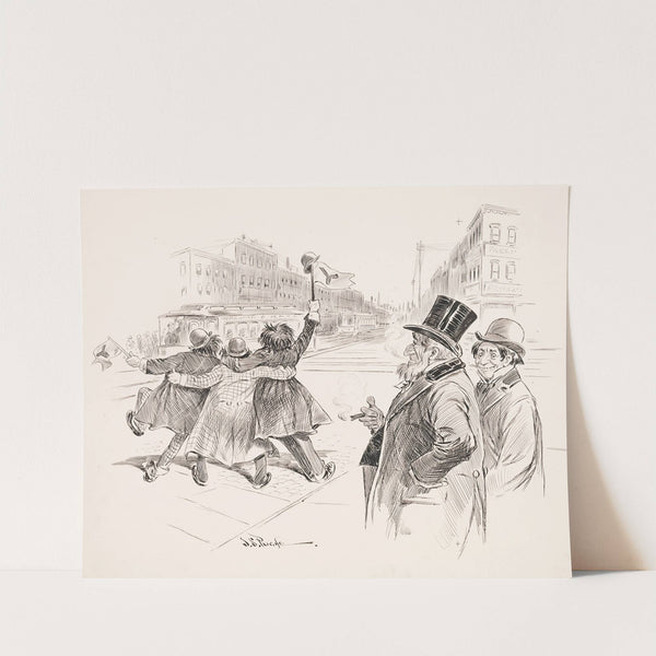 Three drunken Yalies wave down the street as elder man and grinning young man look on. (1897) by John Samuel Pughe