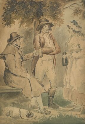 Three figures and a dog