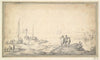 Three Figures on a Dune Overlooking Bay with Ships