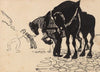Three Horses Tended by Men