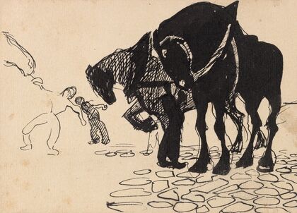 Three Horses Tended by Men