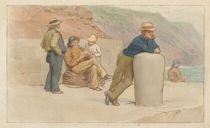 Three Men and Two Boys Sitting on a Pier