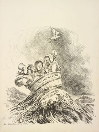Three men dressed as women with bonnets reading Faith, Hope, and Charity ride on a stormy sea in a washtub labeled ‘The Henry Ford’ (1915) — size preview