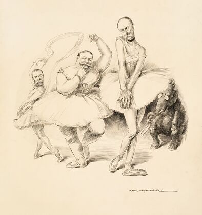 Three men in ballerina costumes, including William Howard Taft, dance for the Republican Party elephant for the presidential nomination (1907)