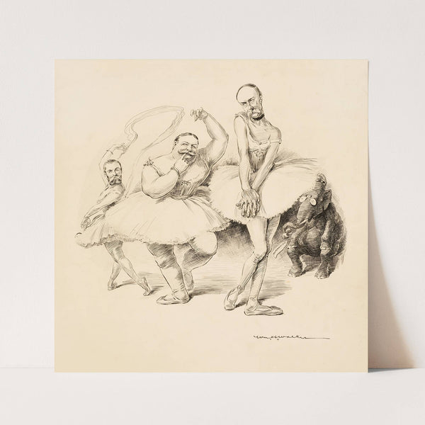 Three men in ballerina costumes, including William Howard Taft, dance for the Republican Party elephant for the presidential nomination (1907) by William Henry Walker