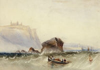 Three Men in Rowboat off Rocky Coast