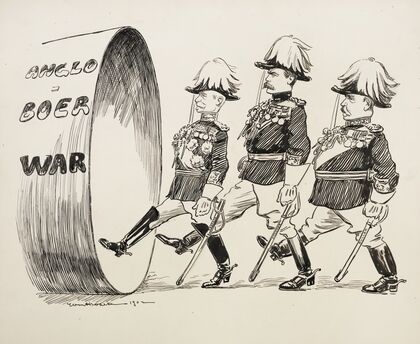 Three men, Roberts, Kitchner, and Buller, march resolutely to the Anglo-Boer War. (1902)