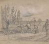 Three men standing at the edge of a pond (1854)