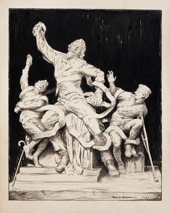 Three men, two of them wounded soldiers and one of them an older man, possibly Uncle Sam, struggle against ropes (1921) — size preview