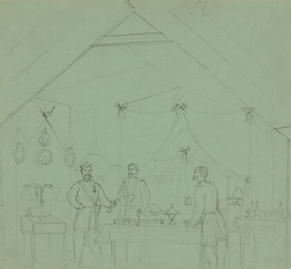 Three officers talking inside a tent