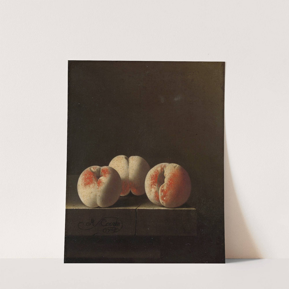 Three Peaches on a Stone Plinth by Adriaen Coorte