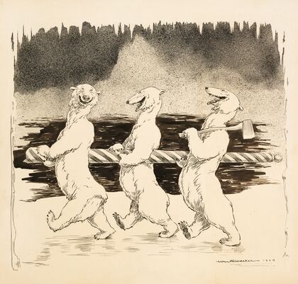 Three polar bears who have stolen the sign for the North Pole. (1906) — size preview