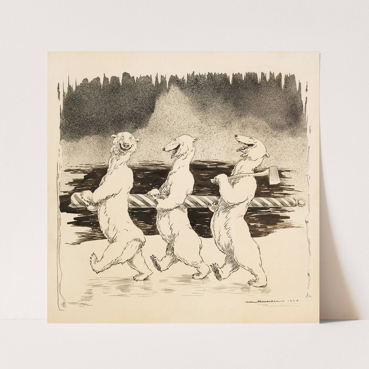 Three polar bears who have stolen the sign for the North Pole. (1906) by William Henry Walker